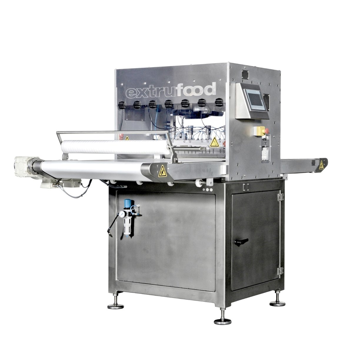 Extrufood cutting machine — guillotine cutter with extrufood branding, conveyor belt and visible knife array for precision cutting
