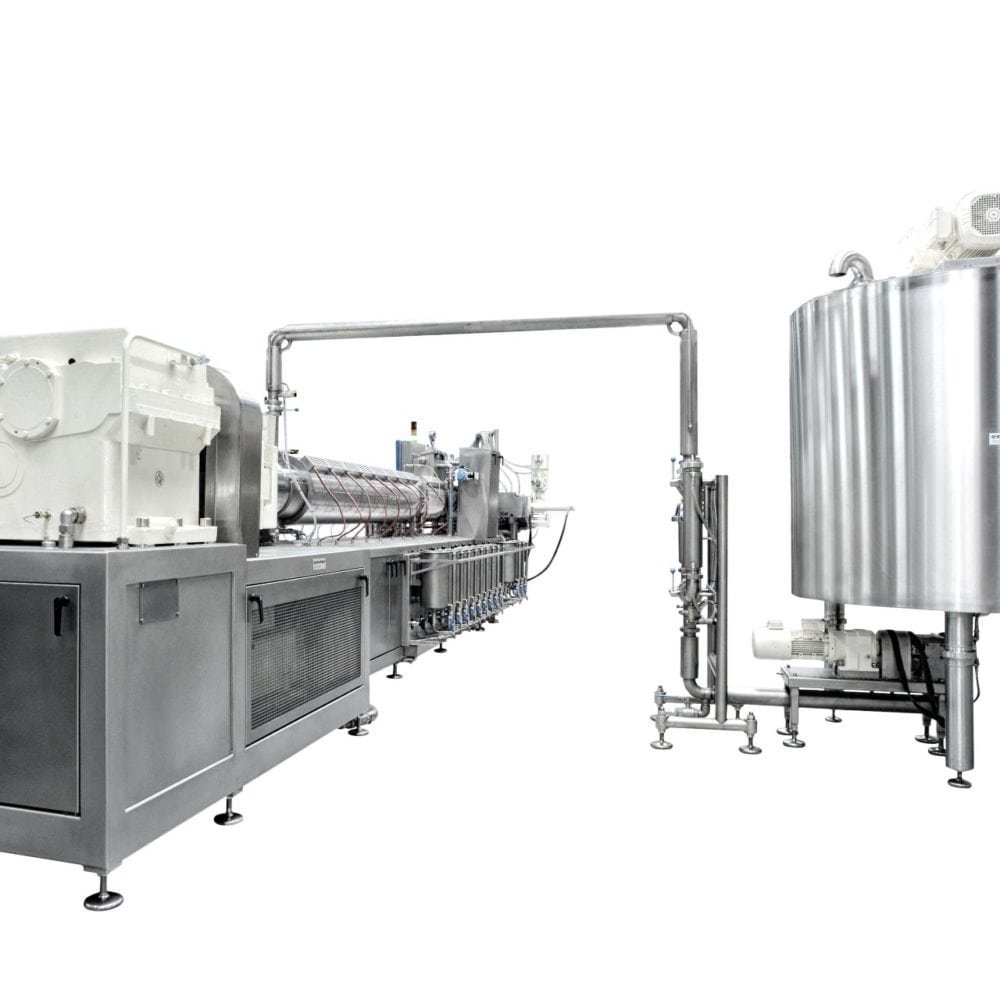 Extrufood slurry preparation line with round mixing tank and buffer day tank for continuous feed to the cooking extruder